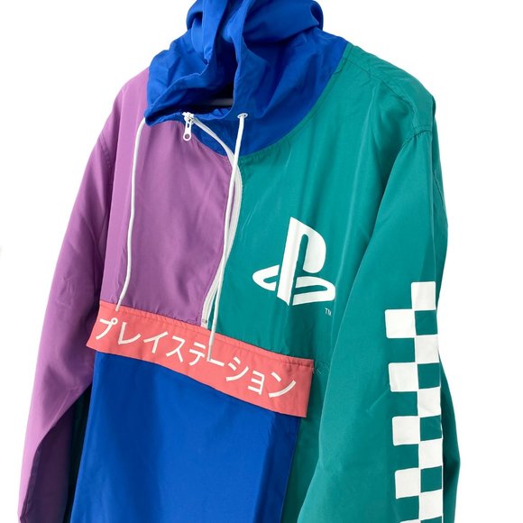 PLAYSTATION Bioworld Pastel Colorblock Checkered Long Sleeve Hooded Windbreaker - Picture 7 of 16